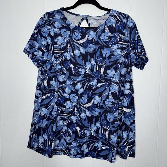 Roaman’s Women’s Floral Swing Ultimate Tee With Keyhole Blue Size 12 - Picture 1 of 4